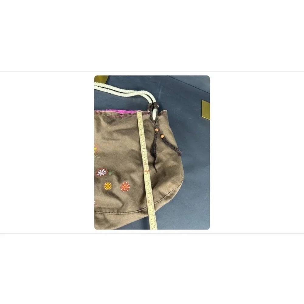 Tommy Hilfiger Boho Hobo Bag 19x13 Brown Canvas Embroidered Floral Pink Lining